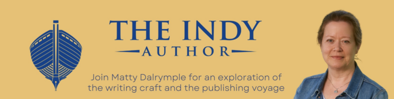 A woman named Matty Dalrymple dressed in blue denim shirt and hair pulled back along with her logo that includes a ship entitled The Indy Author