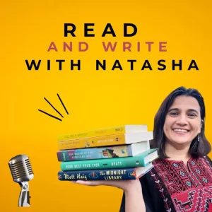Read and Write With Natasha podcast. Woman holding books in front of a microphone